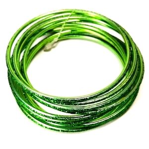 Women's Stunning Set of 10 Green Sparkling Bangle  Bracelets, Size 8"